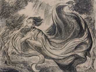 Rosy Lilienfeld, Der Messias fliegt über den Sambatijon Bleistiftzeichnung von Rosy Lilienfeld: Der Messias fliegt über den Sambatijon