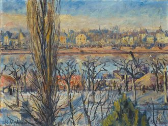 Jakob Nussbaum: Blick aus dem Atelier auf den Schaumainkai, 1922, Öl auf Leinwand, © Jüdisches Museum Frankfurt Gemälde von Jakob Nussbaum: Blick aus dem Atelier auf den Schaumainkai in Frankfurt