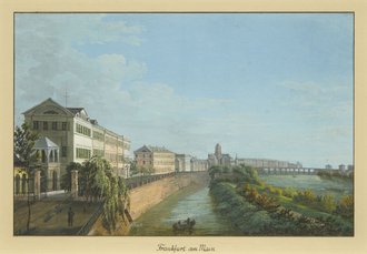 Ansicht des Untermainkais mit Rothschildpalais, Frankfurt am Main, 1835-45 Diese historische Grafik zeigt eine Ansicht des Untermainkais in Frankfurt am Main mit dem Rothschildpalais