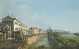 Ansicht des Untermainkais mit Rothschildpalais, Frankfurt am Main, 1835-45 Diese historische Grafik zeigt eine Ansicht des Untermainkais in Frankfurt am Main mit dem Rothschildpalais